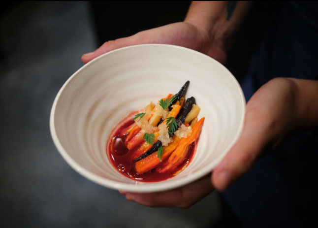 Healthy, beautiful seasonal hyper-local dish Root Vegetable Aguachile at TOMO, Seattle