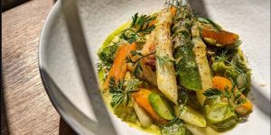 Seasonal asparagus dish at La Terrasse in Goult, Provence, France. Healthy seasonal dining in the Luberon.