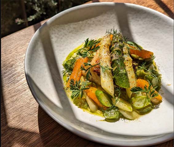 Seasonal asparagus dish at La Terrasse in Goult, Provence, France. Healthy seasonal dining in the Luberon.
