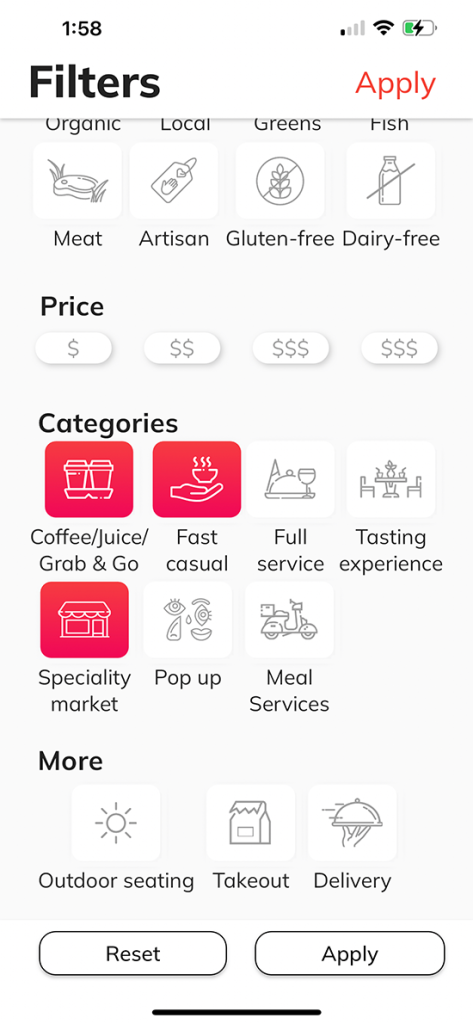 Filtering for quick options in Las Vegas using the Healthy Anywhere app